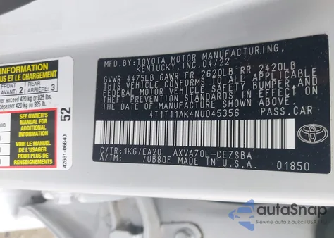 2022 Toyota Camry Se из США, поврежденный, VIN 4T1T11AK4NU045356